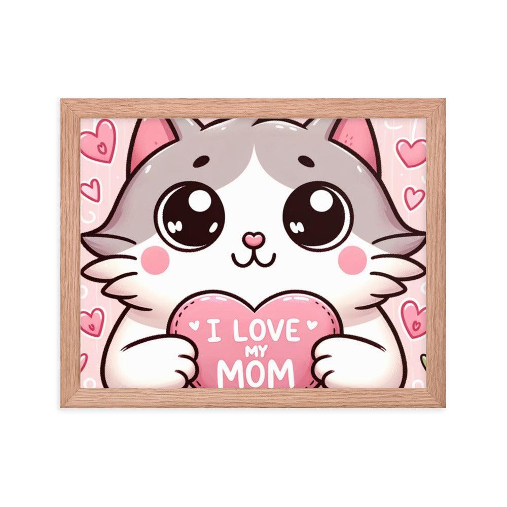 Cat Holding 'I Love My Mom' Sign on Lavender Heart Backdrop - Affectionate & Playful Framed Poster - Oh Posters