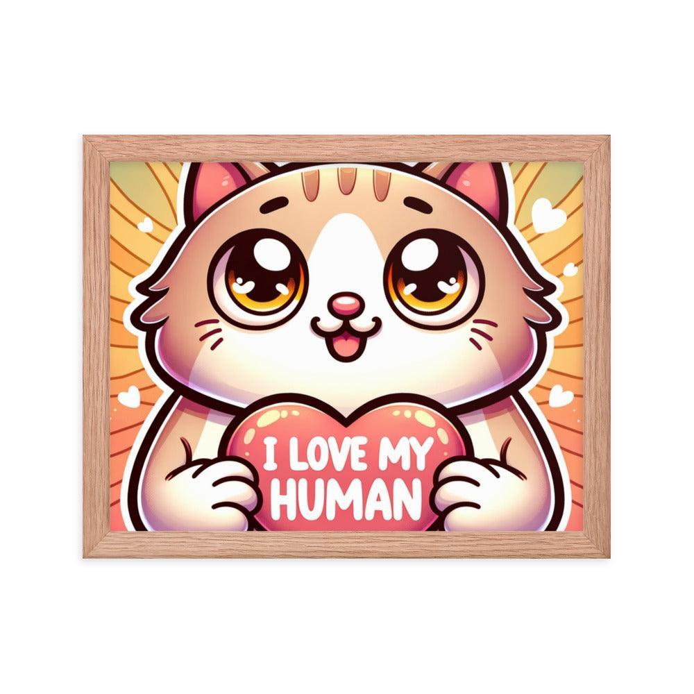 Cat with 'I Love My Human' Heart Sign on Warm Gradient - Affectionate Framed Poster - Oh Posters