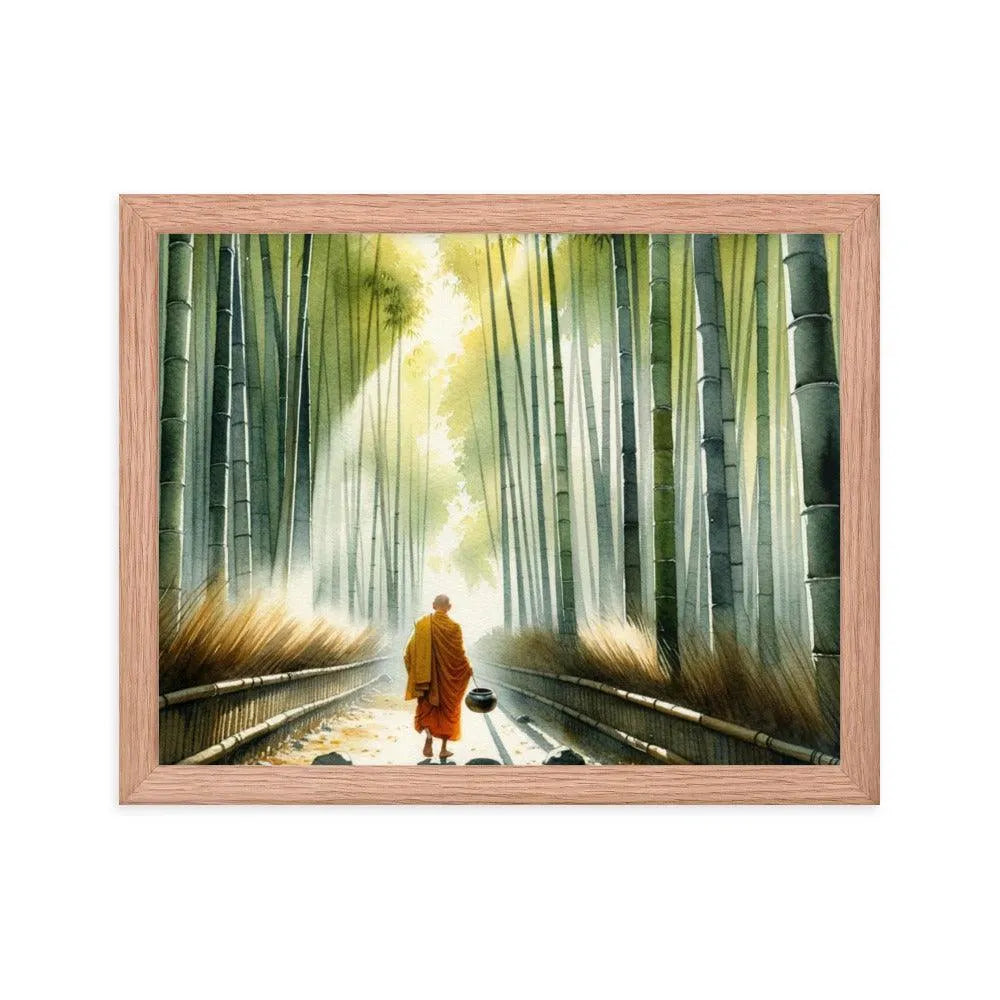 Monk in Bamboo Forest Collecting Dew - Serene Morning Reverie Framed Poster - Oh Posters