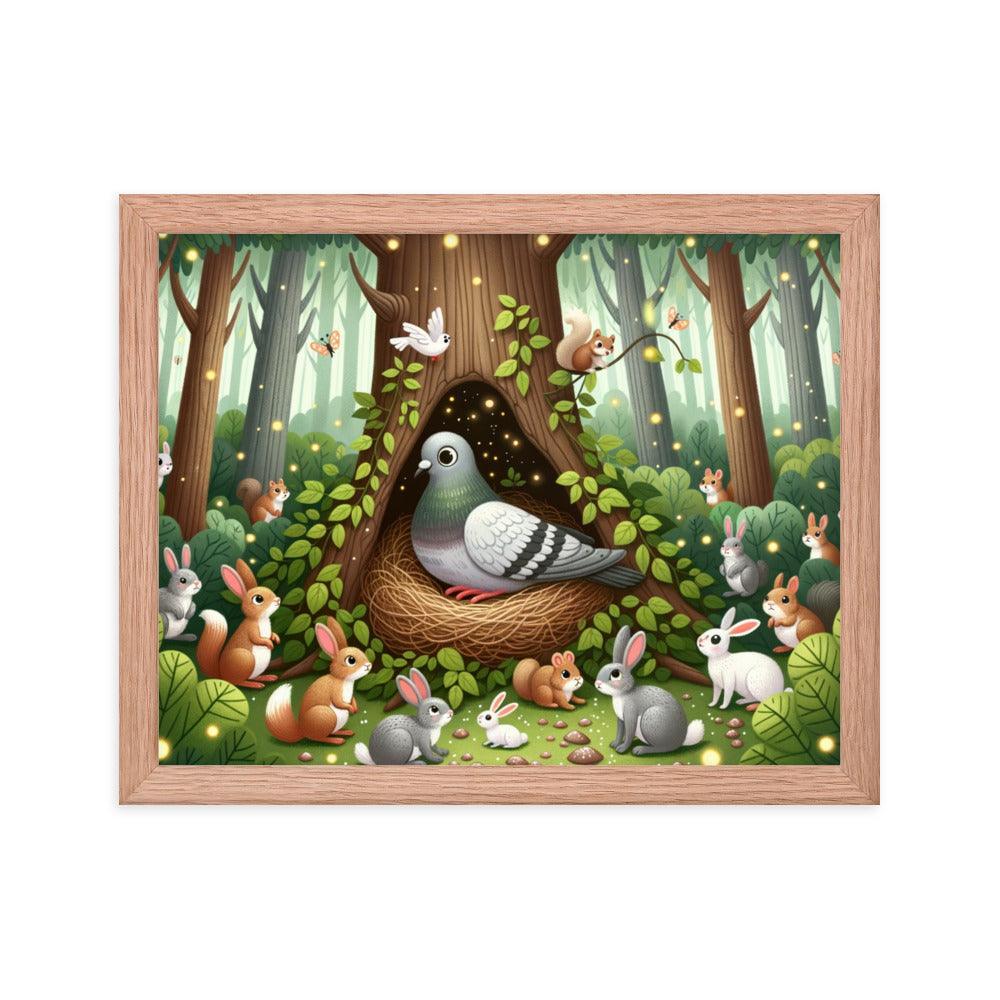 Pigeon in Forest Tree Hollow with Curious Creatures - Whimsical Woodland Framed Poster - Oh Posters