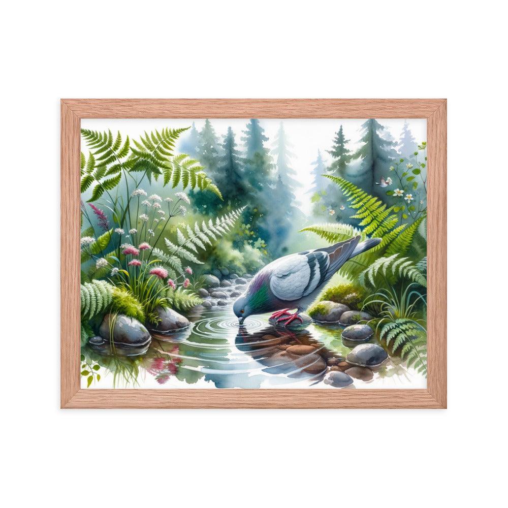 Pigeon Drinking from Forest Stream Art Framed Poster - Oh Posters