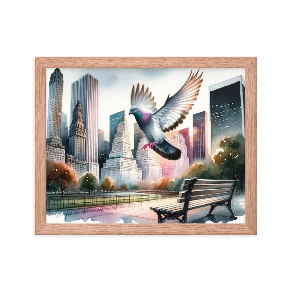 Urban Pigeon Over City Park Watercolor Illustration Framed Poster - Oh Posters