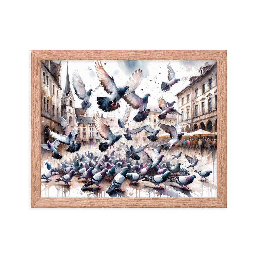 Pigeon Flock Dynamic Watercolor Cityscape Framed Poster - Oh Posters