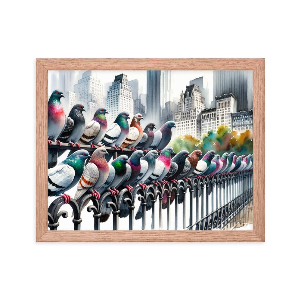 City Pigeons Flock Watercolor Skyline View Framed Poster - Oh Posters