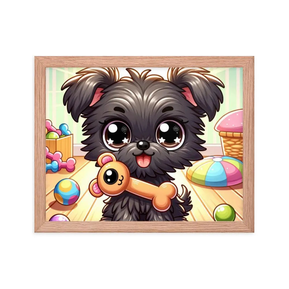 Cute Affenpinscher Puppy with Toy - Playful Charm in Cartoon Framed Poster - Oh Posters