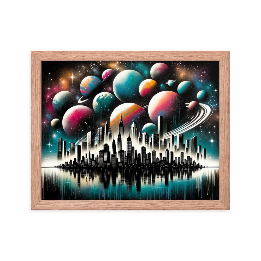 Cityscape Silhouette with Cosmic Planet Sky Spray Paint Art Framed Poster - Oh Posters