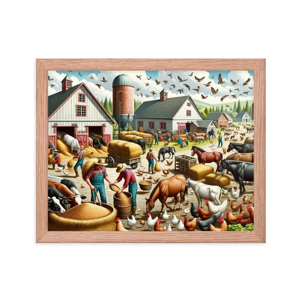 Lively Farmyard Feeding Time Illustration Framed Poster - Oh Posters