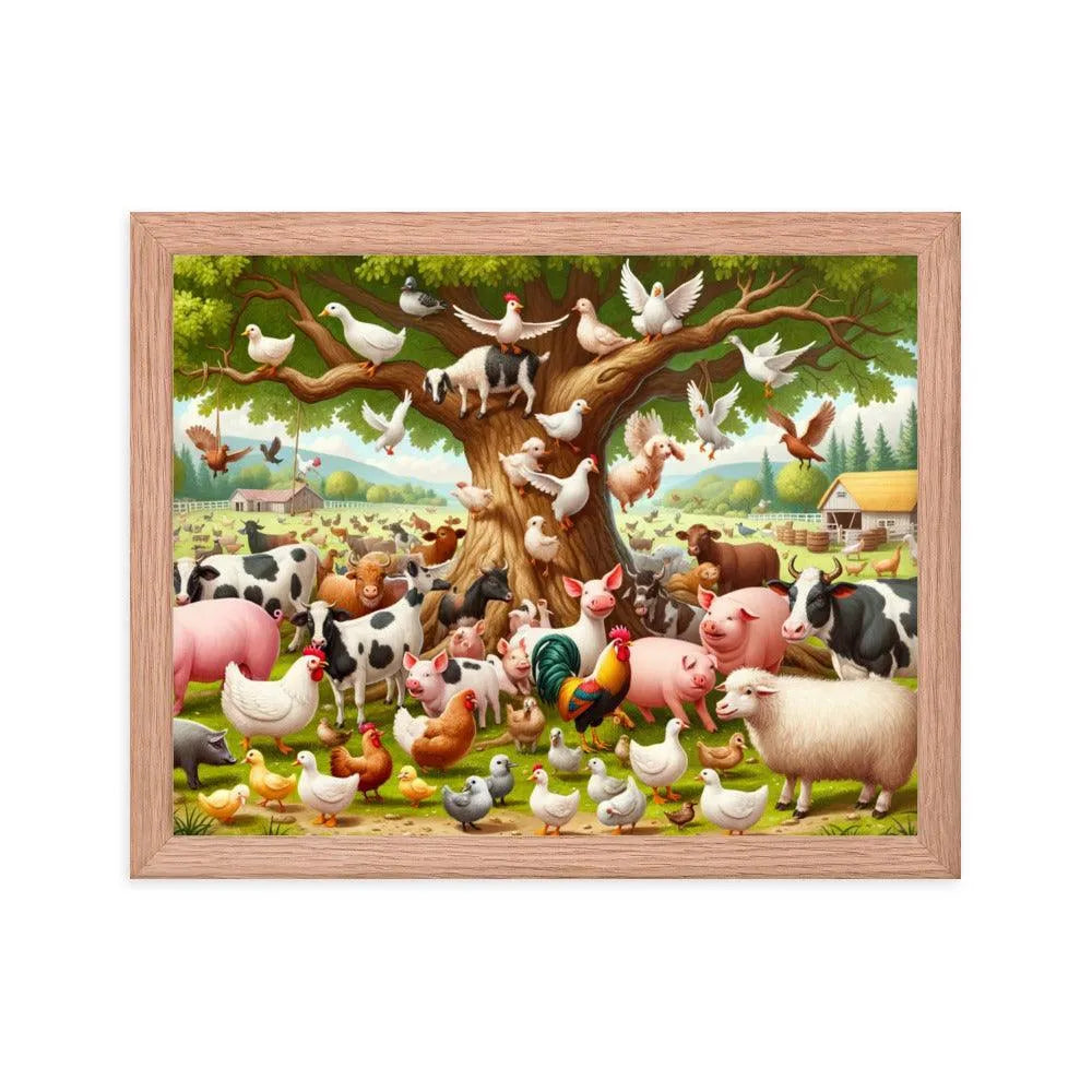 Diverse Farm Animal Gathering Illustration Framed Poster - Oh Posters