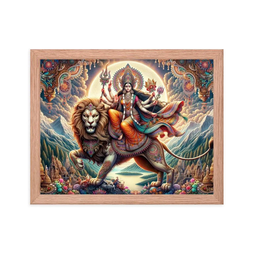 Goddess Durga on Lion Divine Hindu Art Framed Poster - Oh Posters