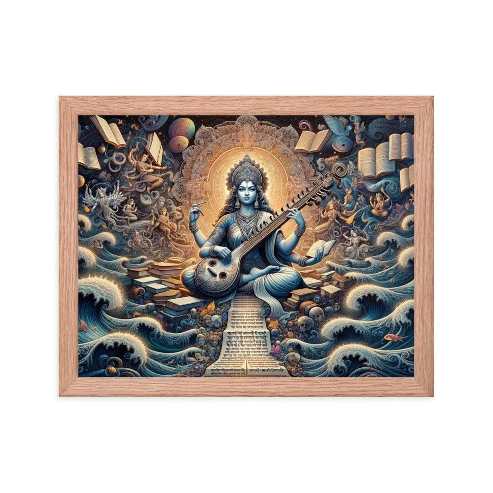 Goddess Saraswati Playing Veena amidst a Lush Landscape Hindu Artistic Framed Poster - Oh Posters