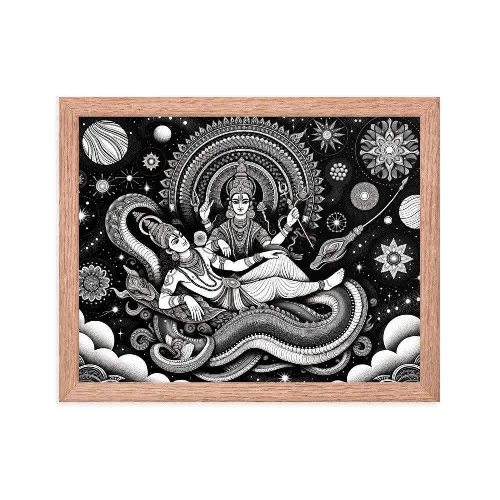 Hindu Lord Vishnu and Goddess Lakshmi Cosmic Serpent Divine Art Framed Poster - Oh Posters