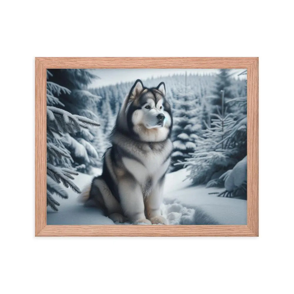 Graceful Alaskan Malamute in Wintry Forest Framed Poster - Oh Posters