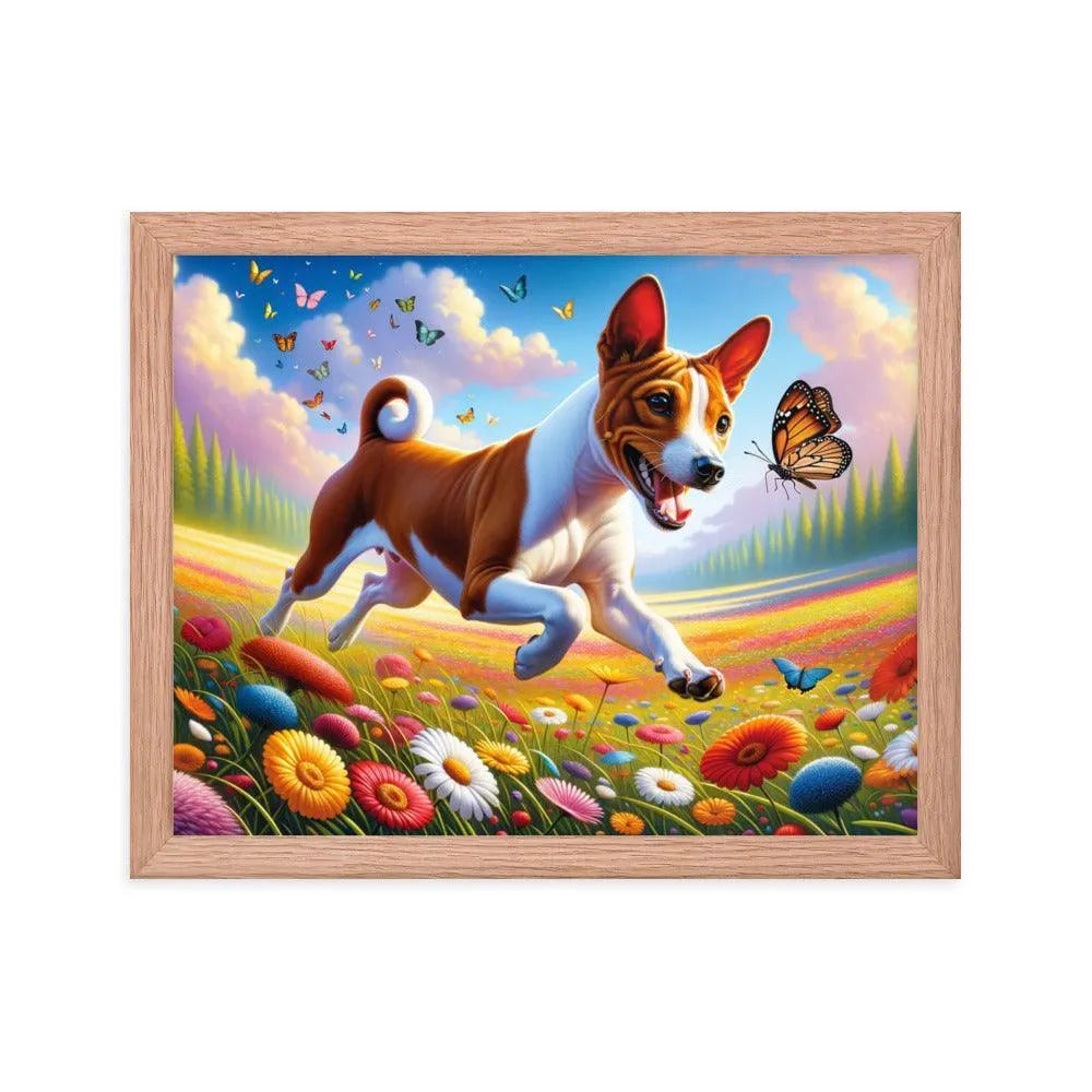 Energetic Basenji Dog Chasing Butterfly in Vibrant Meadow Landscape Framed Poster - Oh Posters