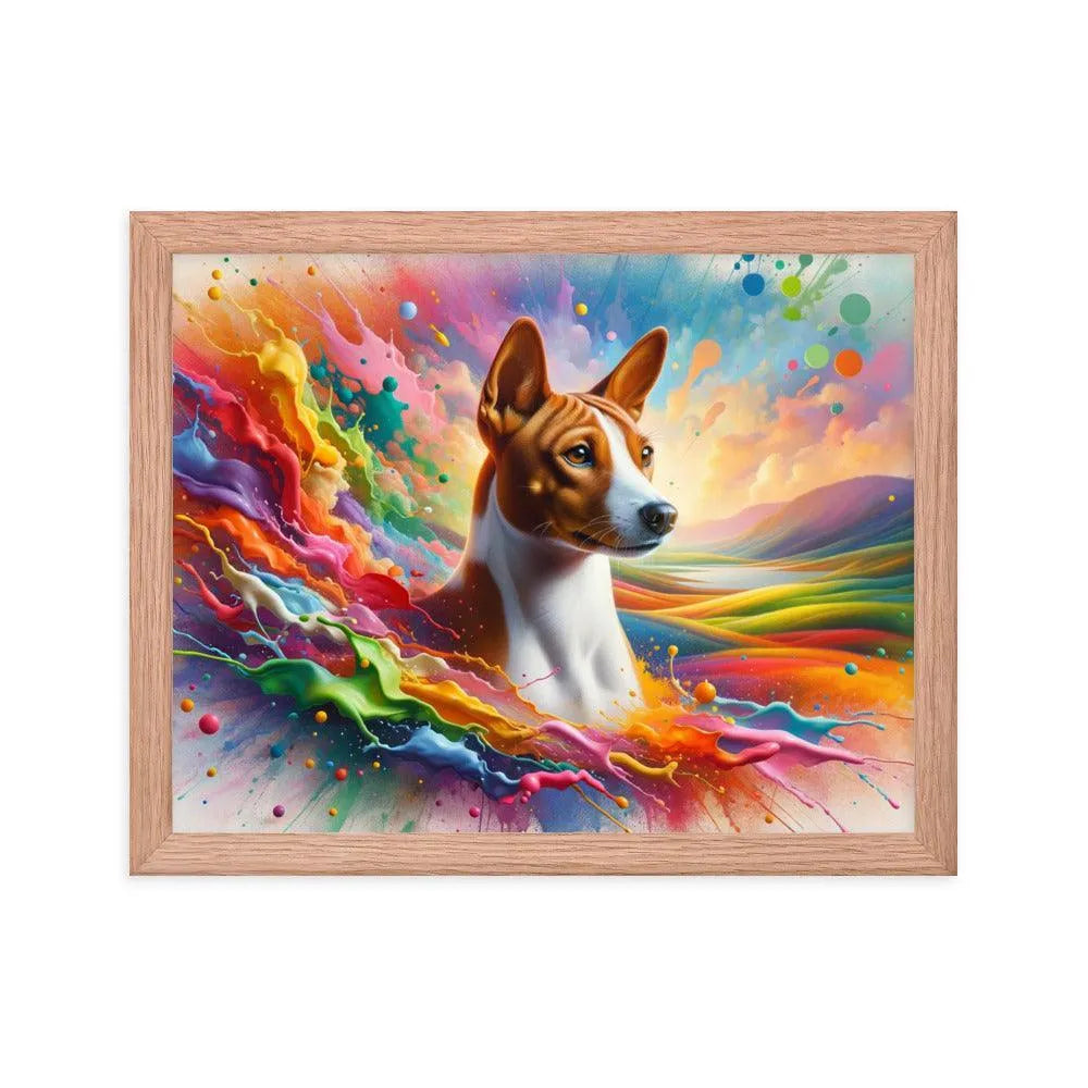 Realistic Basenji Dog Amidst Rainbow Splatter Framed Poster - Oh Posters