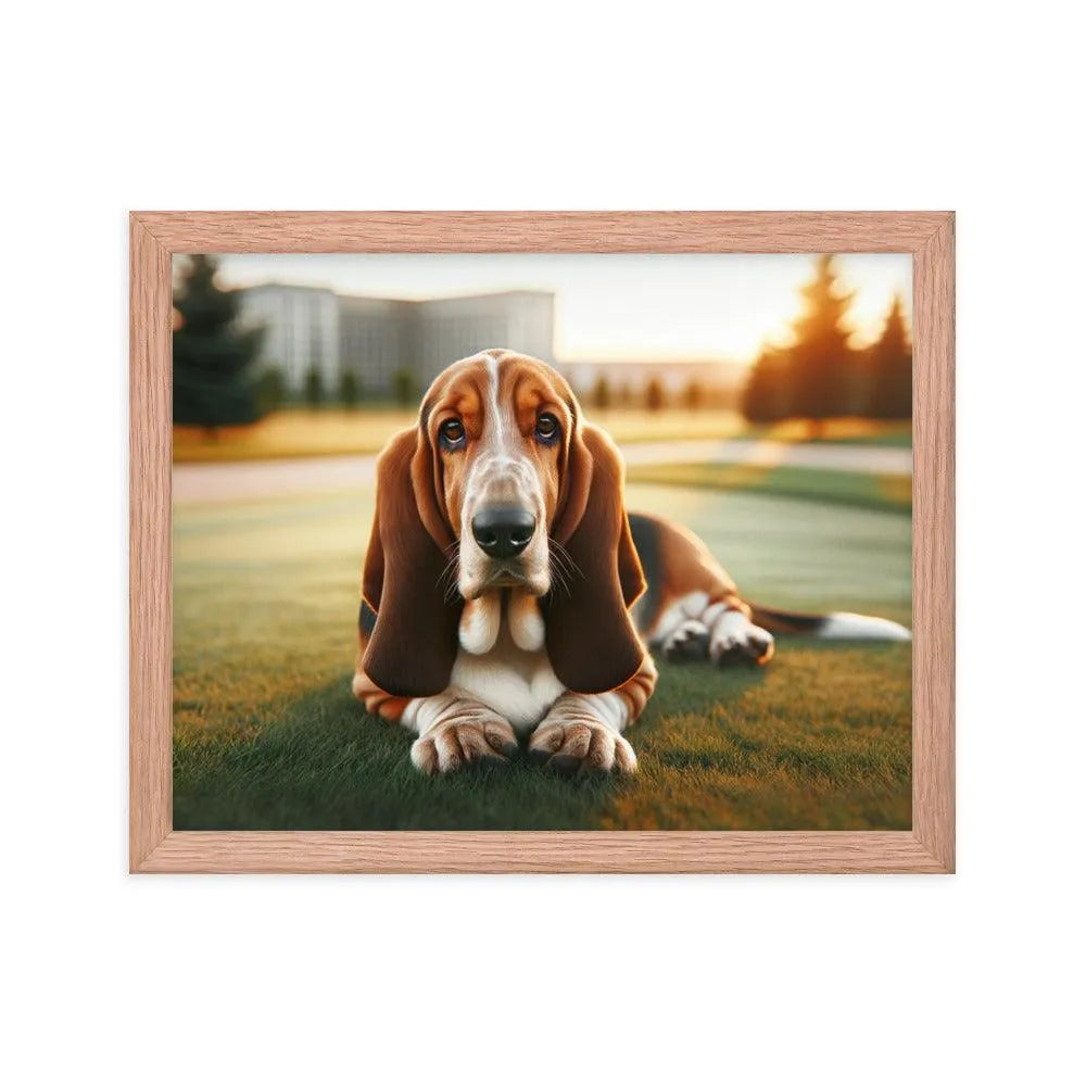 Gentle Basset Hound in Grassy Field Photo Framed Poster - Oh Posters