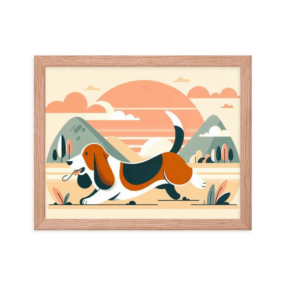 Joyful Basset Hound's Tail Chase Flat Art Framed Poster - Oh Posters