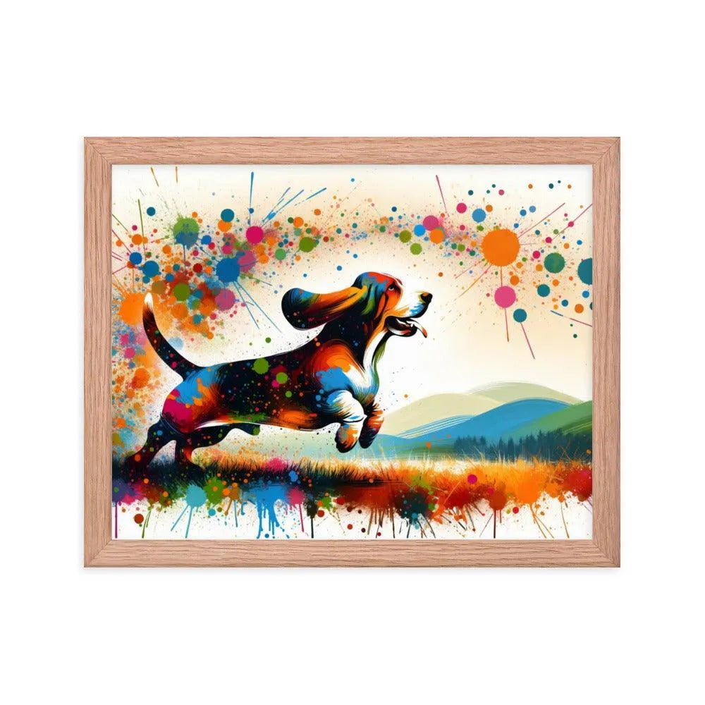 Joyful Basset Hound Playful Splatter Art Framed Poster - Oh Posters