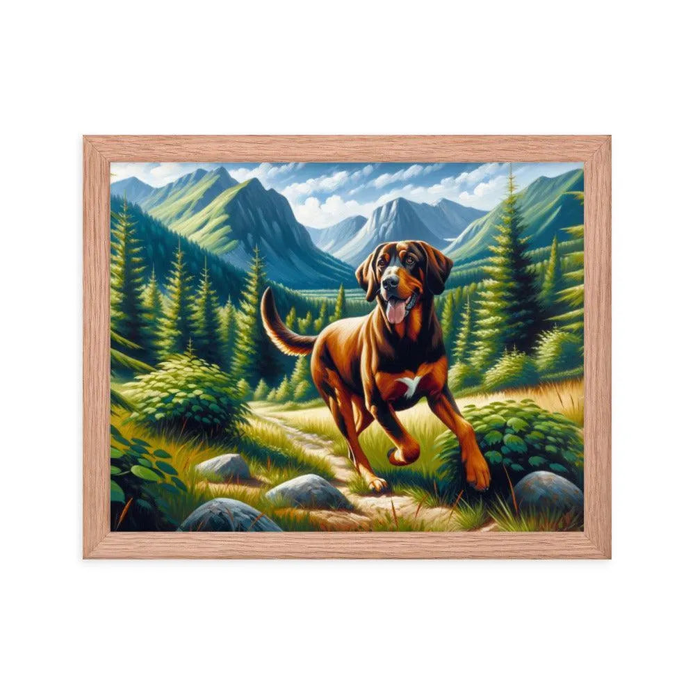 Playful Bavarian Mountain Hound in Mountain Forest Painting Framed Poster - Oh Posters