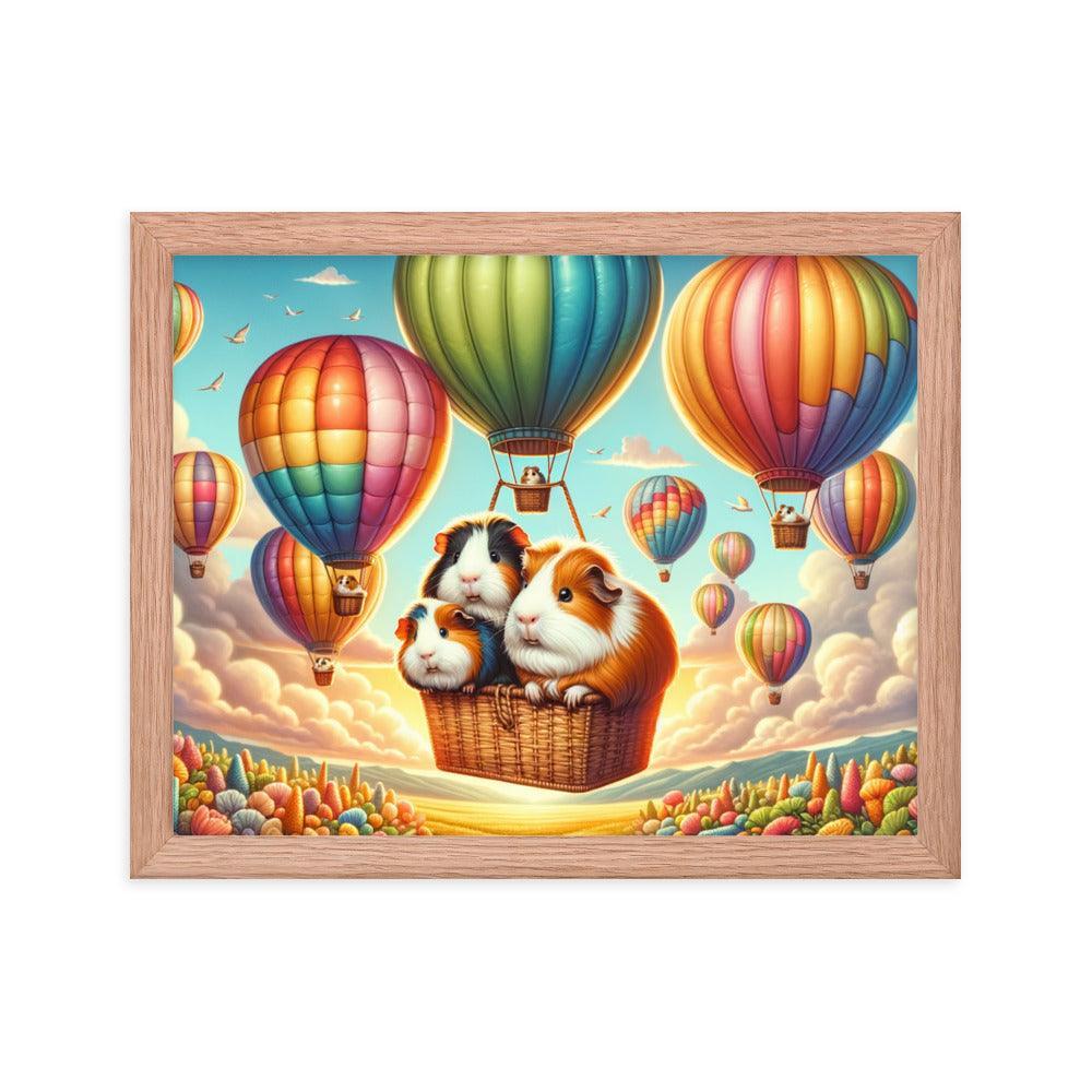 Guinea Pigs Soaring in Colorful Hot Air Balloons Illustration Framed Poster - Oh Posters