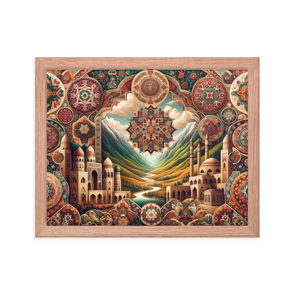 Captivating Azerbaijani Art Essence: Traditional Carpet Designs, Folkloric Symbols & Scenic Landscape Background Framed Poster - Oh Posters