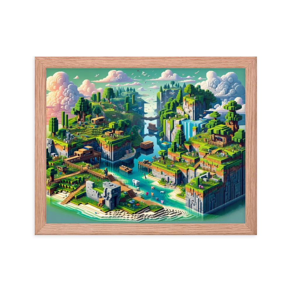 Minecraft Inspired Vibrant Block Landscape Digital Art Framed Poster - Oh Posters