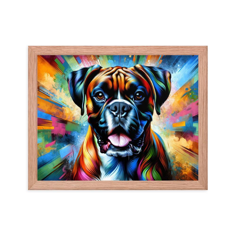 Vibrant Boxer Dog Energy in Colorful Abstract Art with Dynamic Pose Framed Poster - Oh Posters