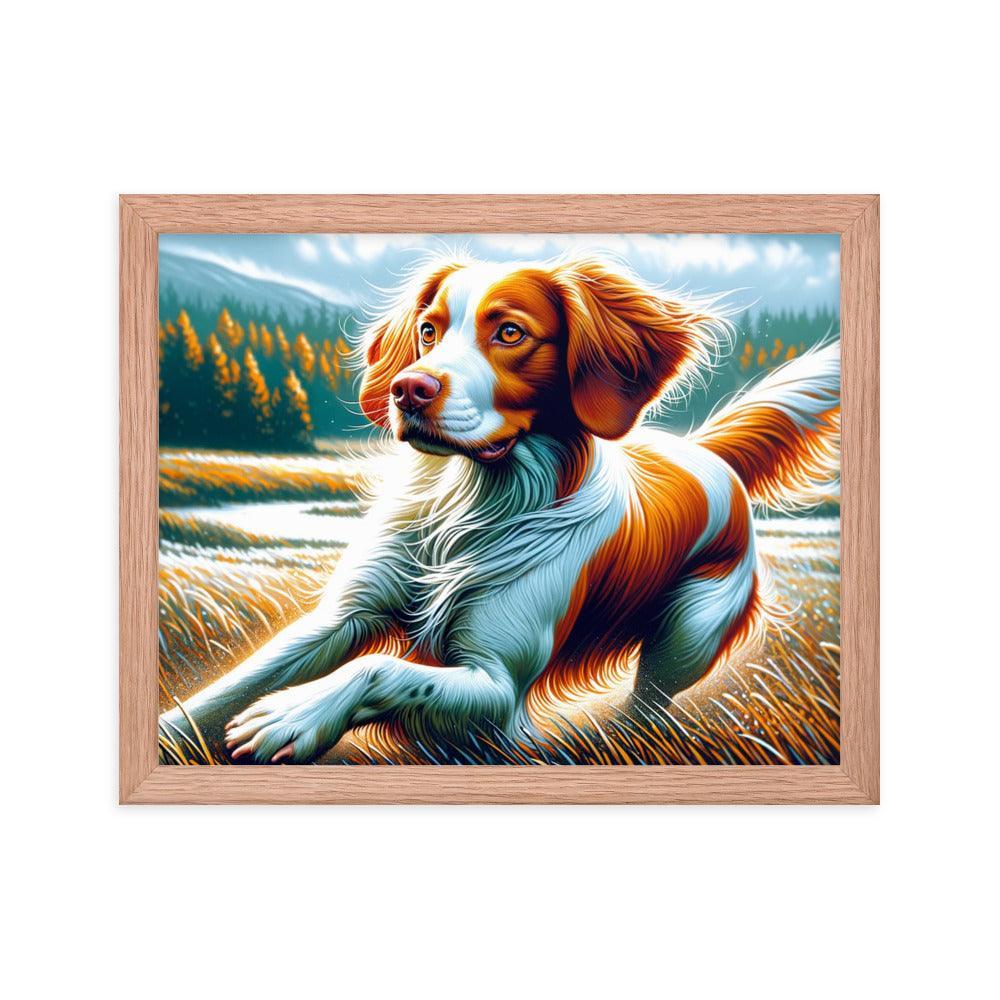 Brittany Dog in Nature Dynamic Pose with Vibrant Outdoor Scene Framed Poster - Oh Posters