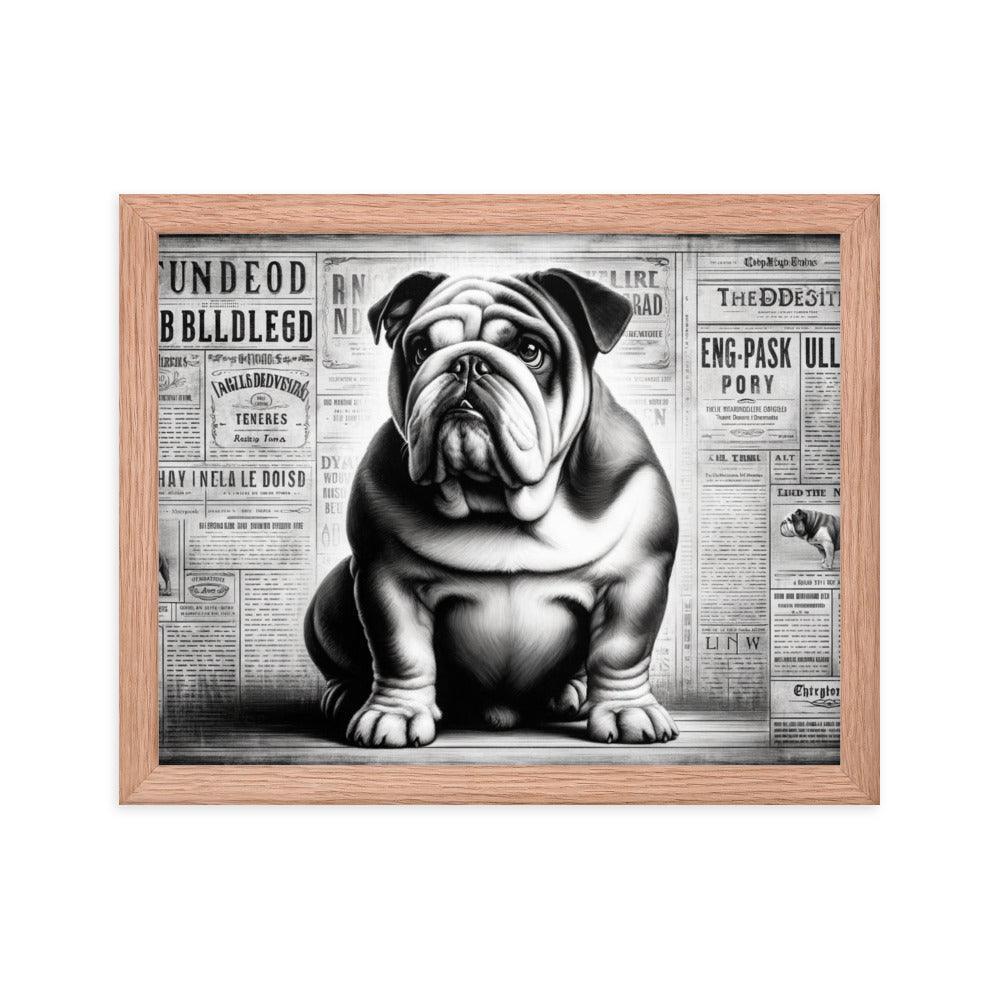 English Bulldog in Vintage Newspaper Style with Monochromatic Theme Art Framed Poster - Oh Posters