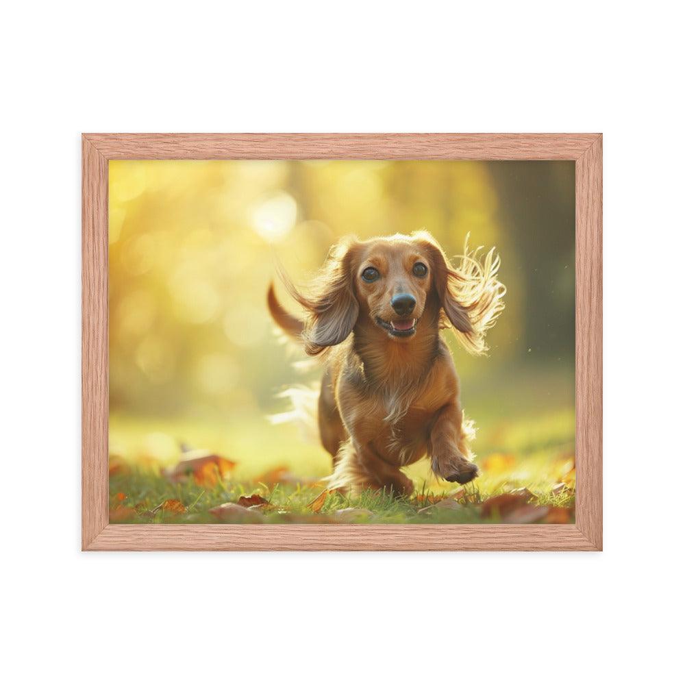 Joyful Long-Haired Dachshund's Playful in Autumn Framed Poster - Oh Posters