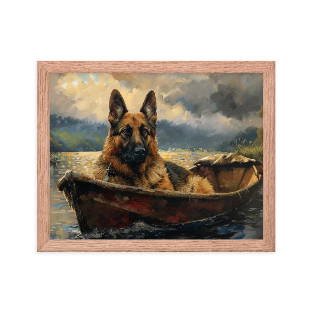 German Shepherd in Boat River Landscape Framed Poster - Oh Posters