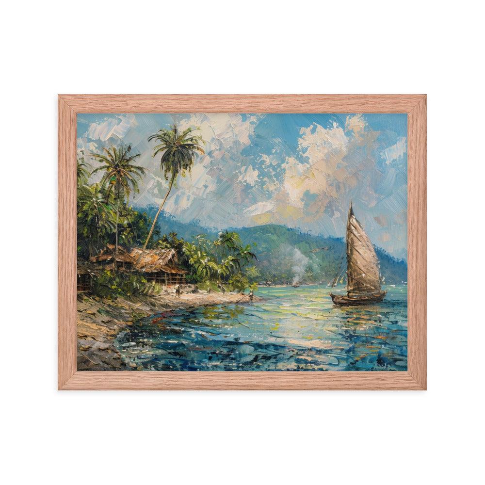 Comoros Beachside Hut and Sailboat Tropical Scene Framed Poster - Oh Posters