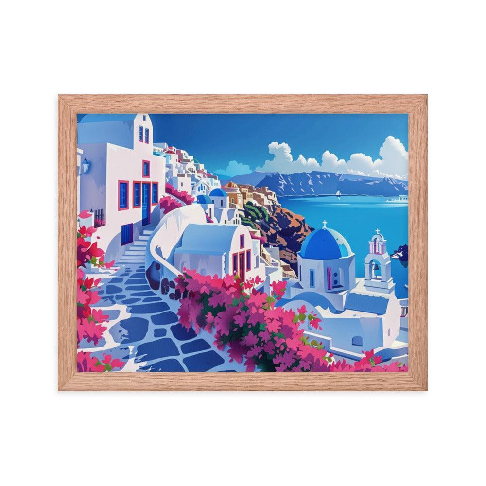 Greece Santorini Vibrant Floral Pathway Framed Poster - Oh Posters