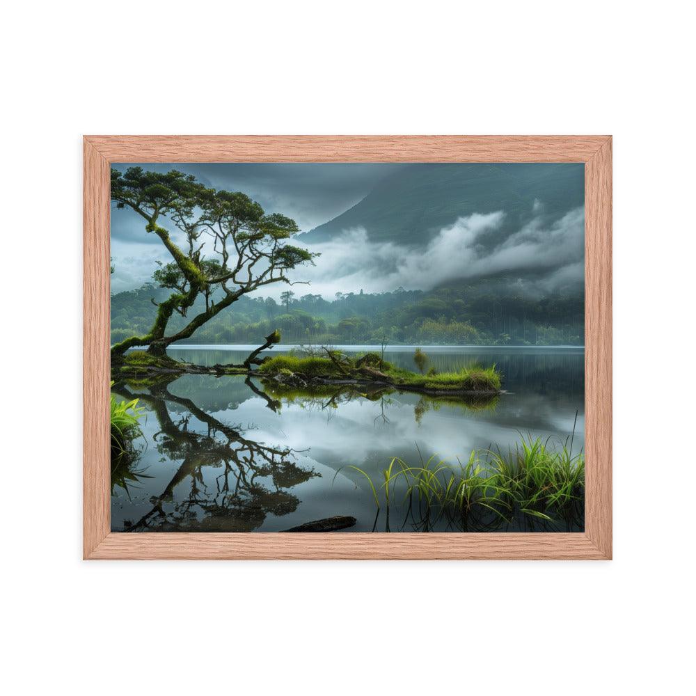 Indonesia Serene Lake Misty Mountains Framed Poster - Oh Posters