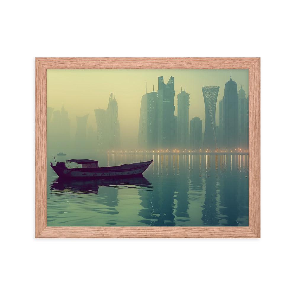 Qatar Foggy City Skyline Reflective Water Framed Poster - Oh Posters