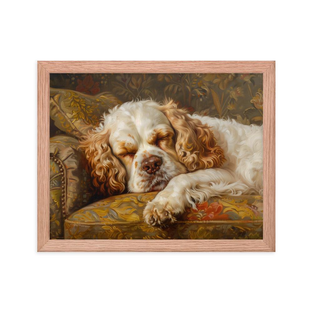 Clumber Spaniel Sleeping on Floral Sofa Painting Framed Poster - Oh Posters