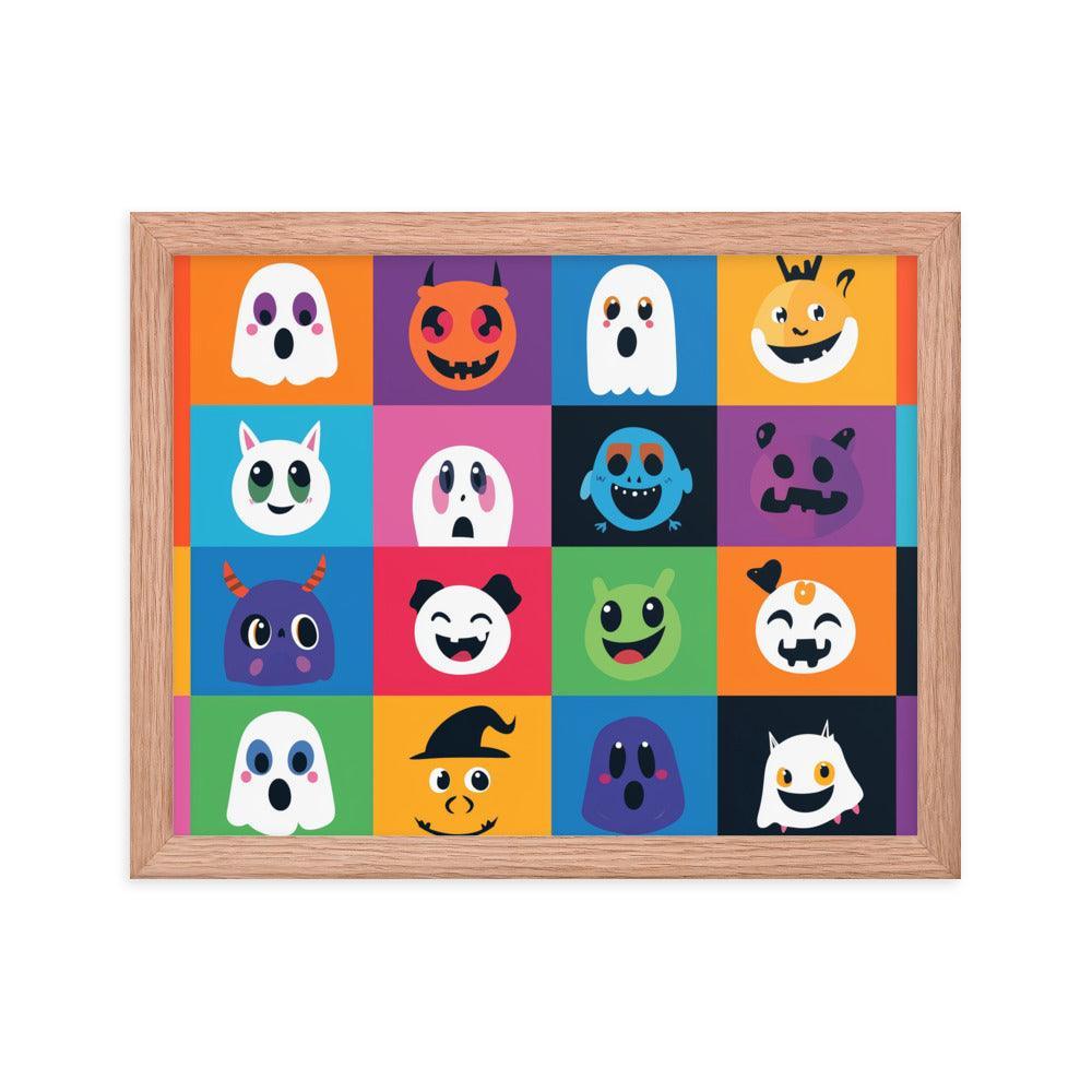 Cheerful Halloween Ghosts and Pumpkins Cartoon Faces Framed Poster - Oh Posters