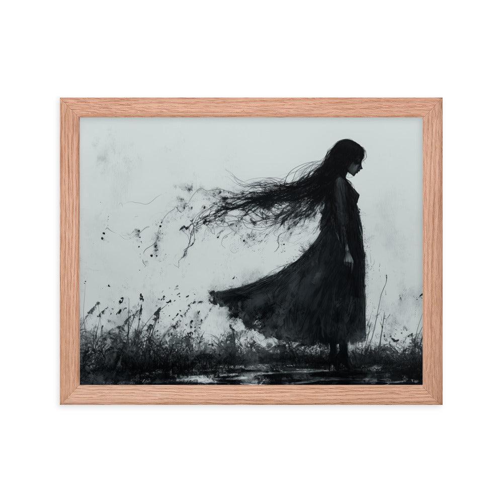 Dark Silhouette Woman in Gloomy Field Ink Illustration Framed Poster - Oh Posters