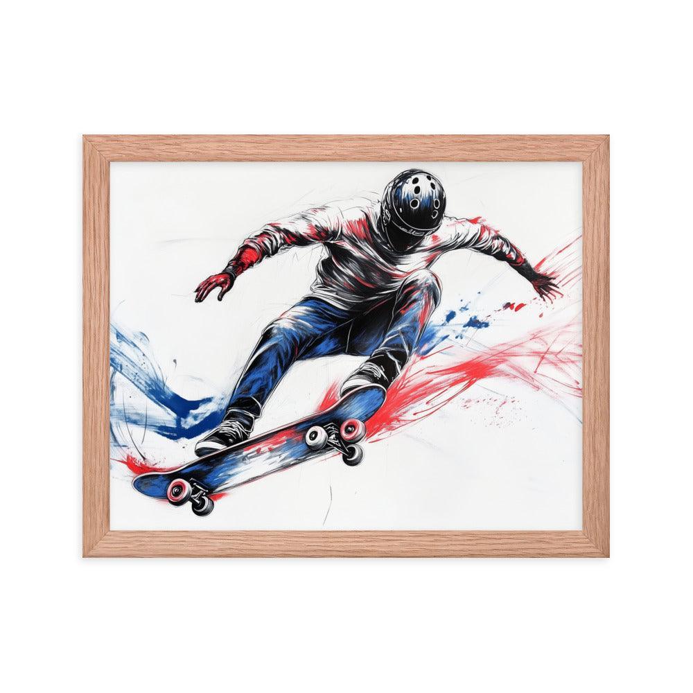 High-Energy Skateboarder with Helmet Abstract Sketch Framed Poster - Oh Posters