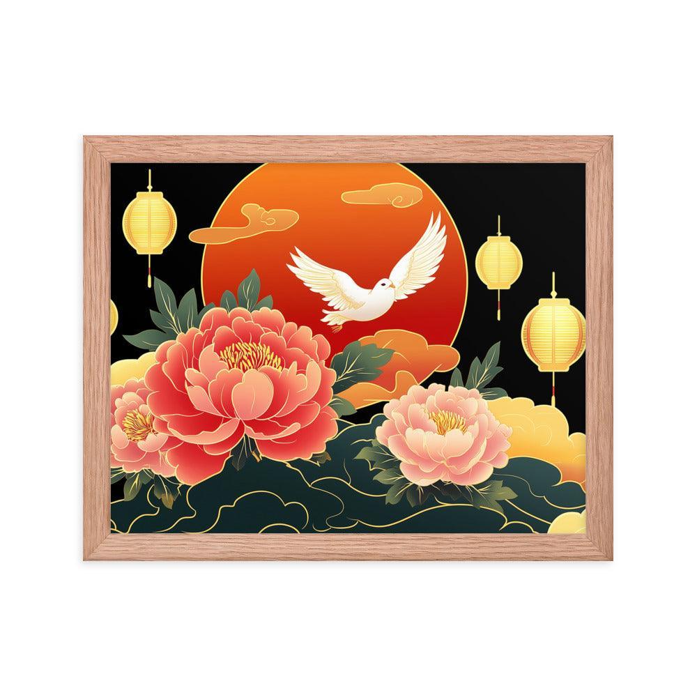 Chinese Traditional Floral Design with Lanterns and Dove Illustration Framed Poster - Oh Posters