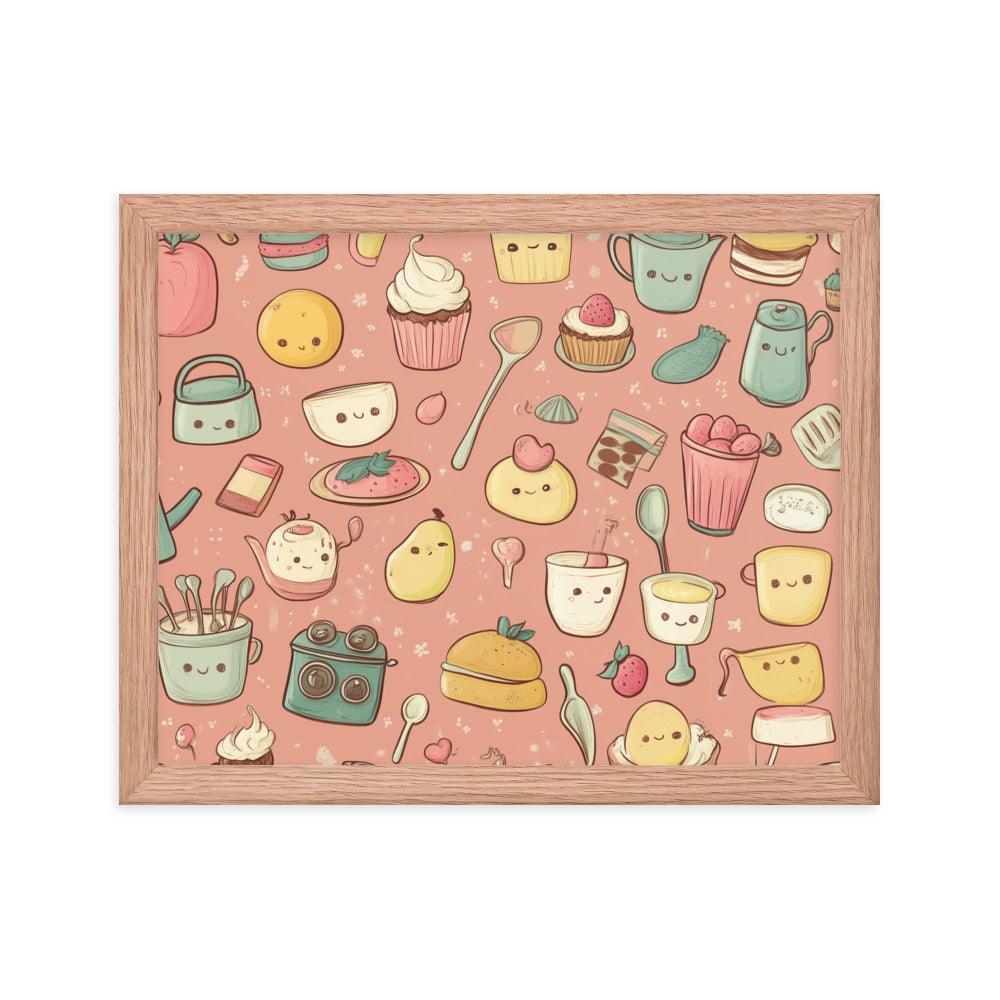 Kawaii Food and Kitchen Utensils Cute Doodle Pattern Framed Poster - Oh Posters