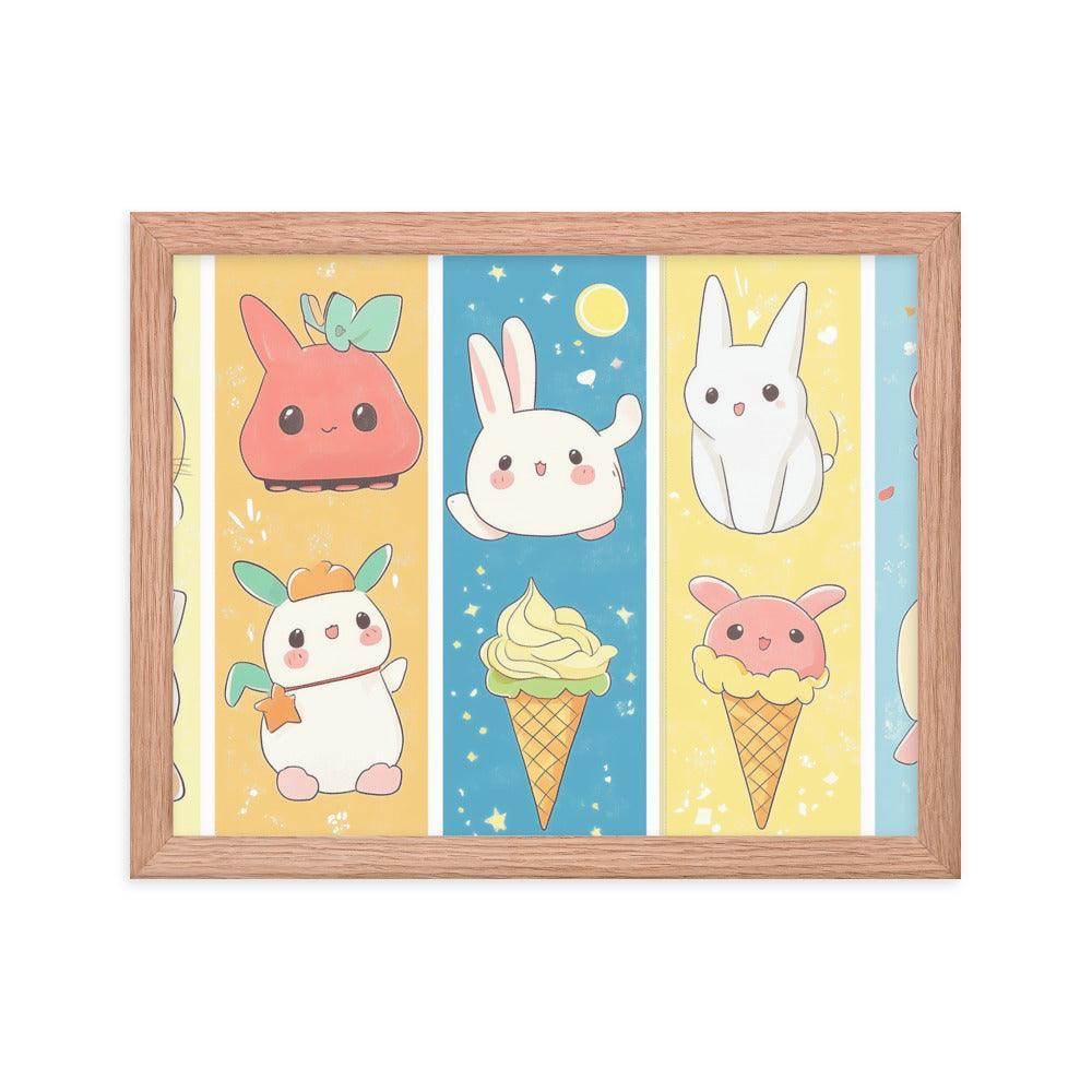 Kawaii Bunnies and Ice Cream Cute Character Strip Digital Art Framed Poster - Oh Posters