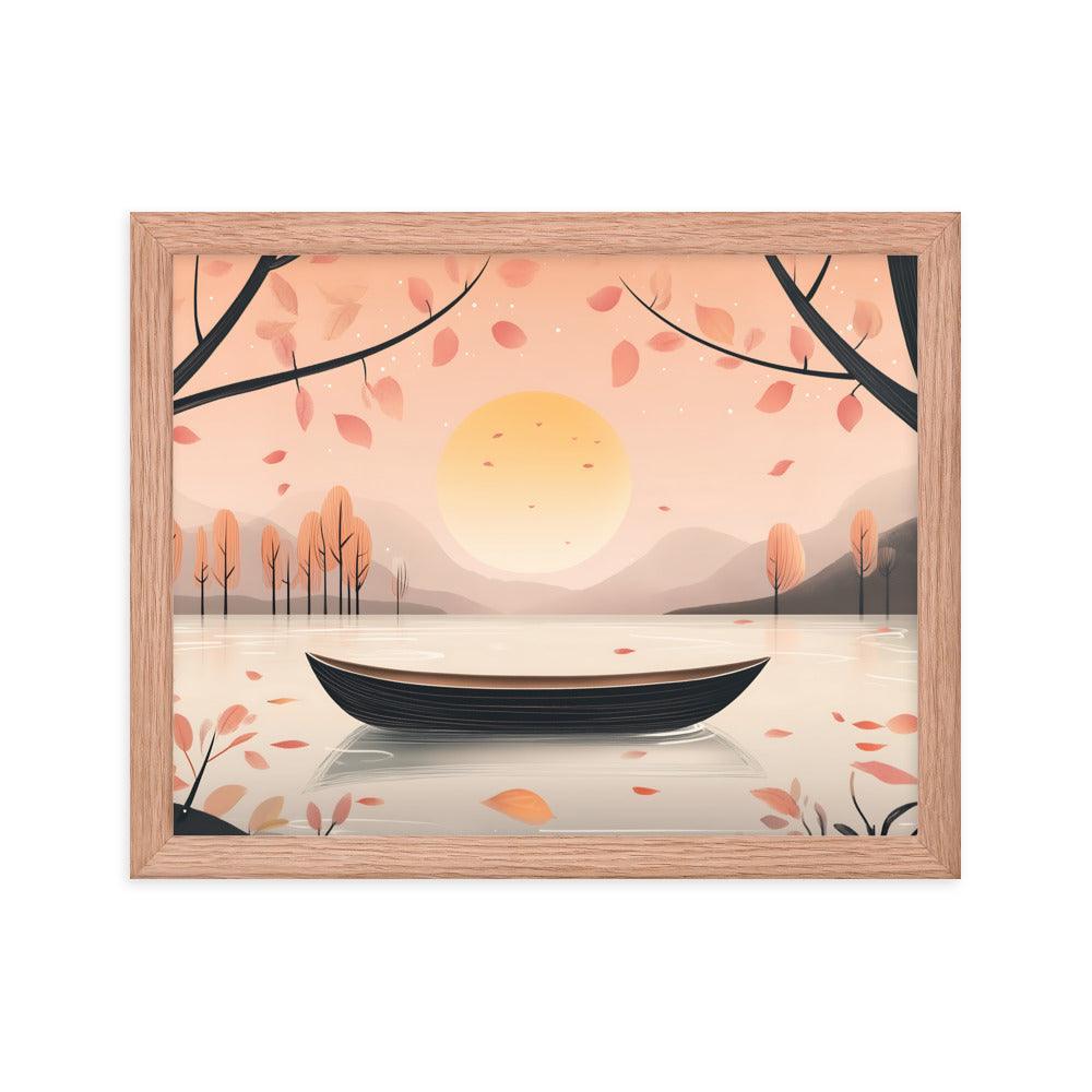 Peaceful Autumn Lake Scene with Soft Sunset and Falling Leaves Framed Poster - Oh Posters