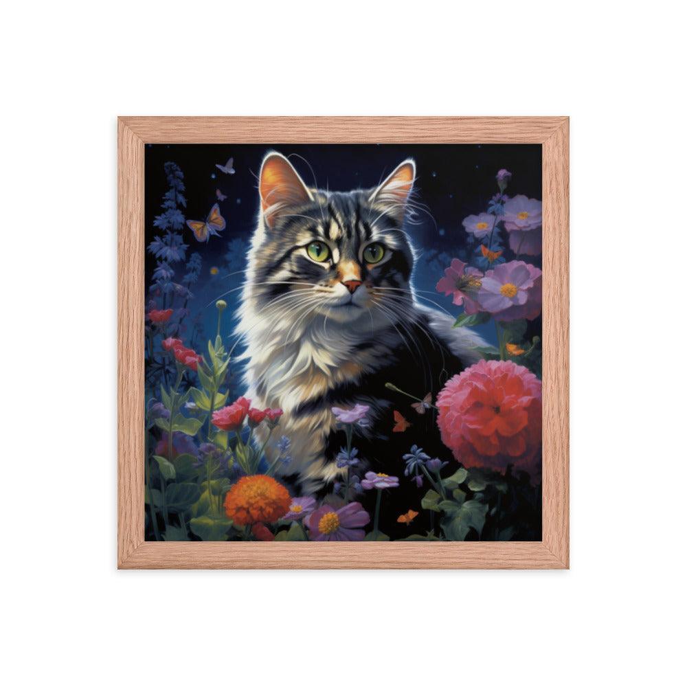 Cat in Moonlit Floral Garden Framed Poster - Oh Posters