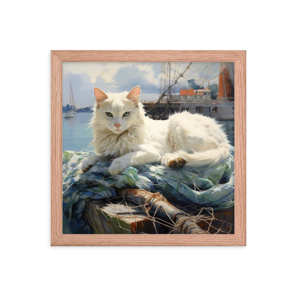 Cat Lounging at Seaside Harbor Framed Poster - Oh Posters