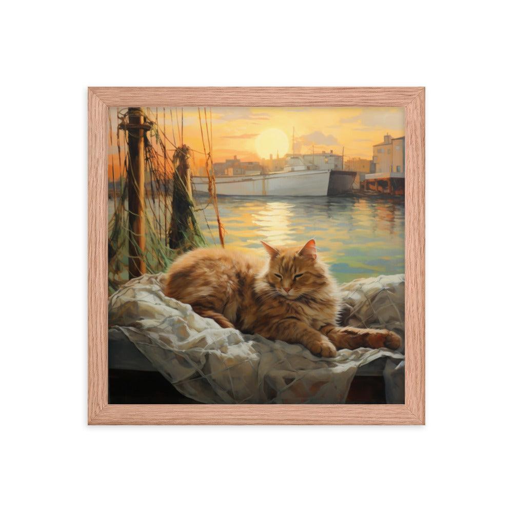 Cat Lounging at Seaside Harbor Framed Poster - Oh Posters