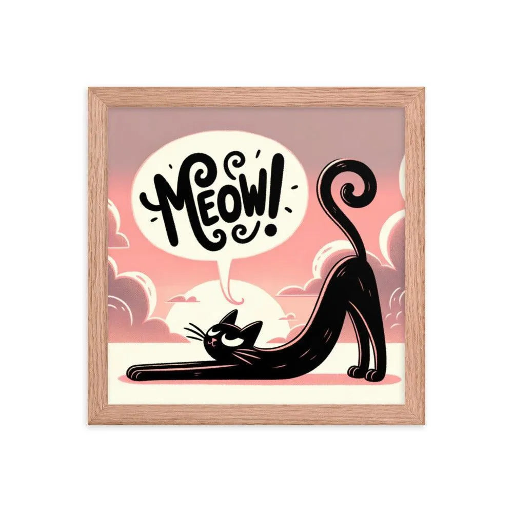 Cat Stretching Saying Meow at Sunset Framed Poster - Oh Posters