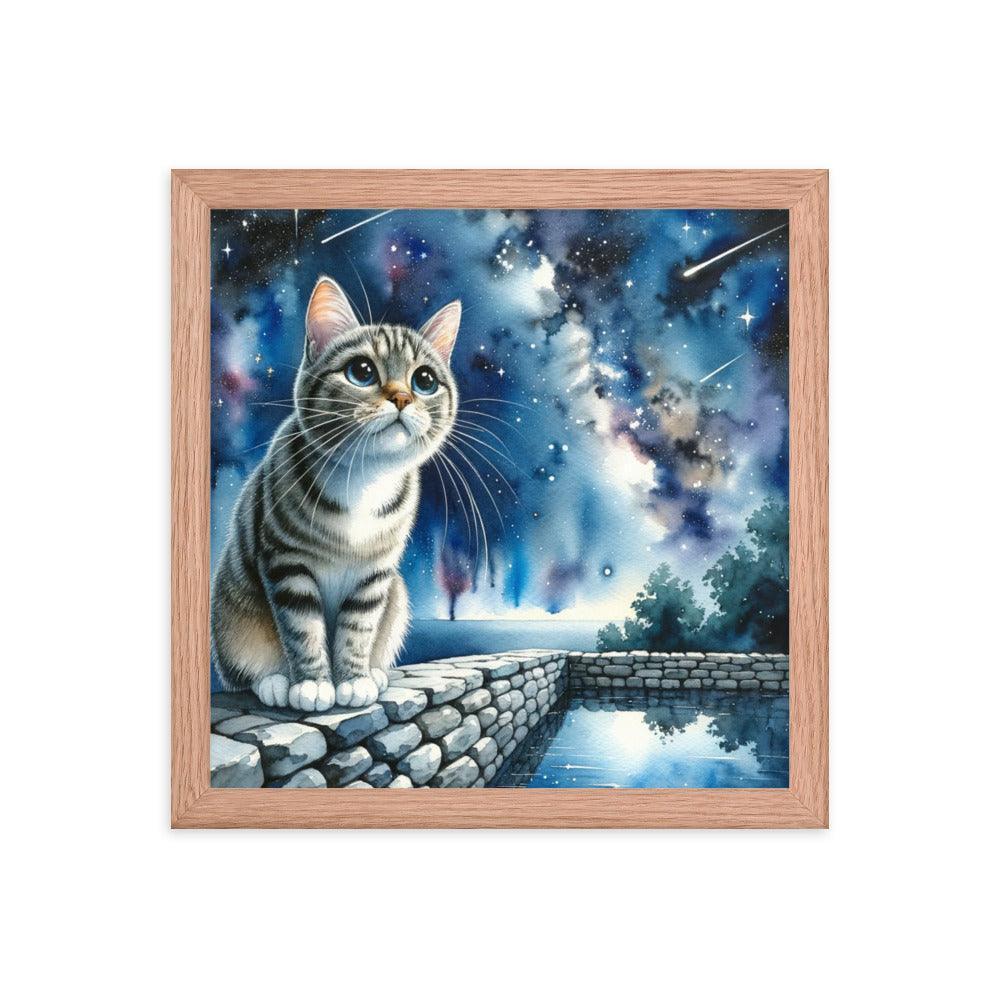 Cat on Wall under Starry Sky - Mystical Framed Poster - Oh Posters