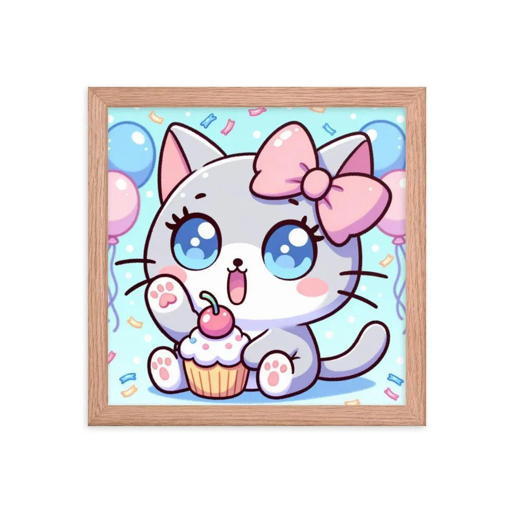 Kawaii Grey Cat with Cupcake Cute Anime Style Framed Poster - Oh Posters