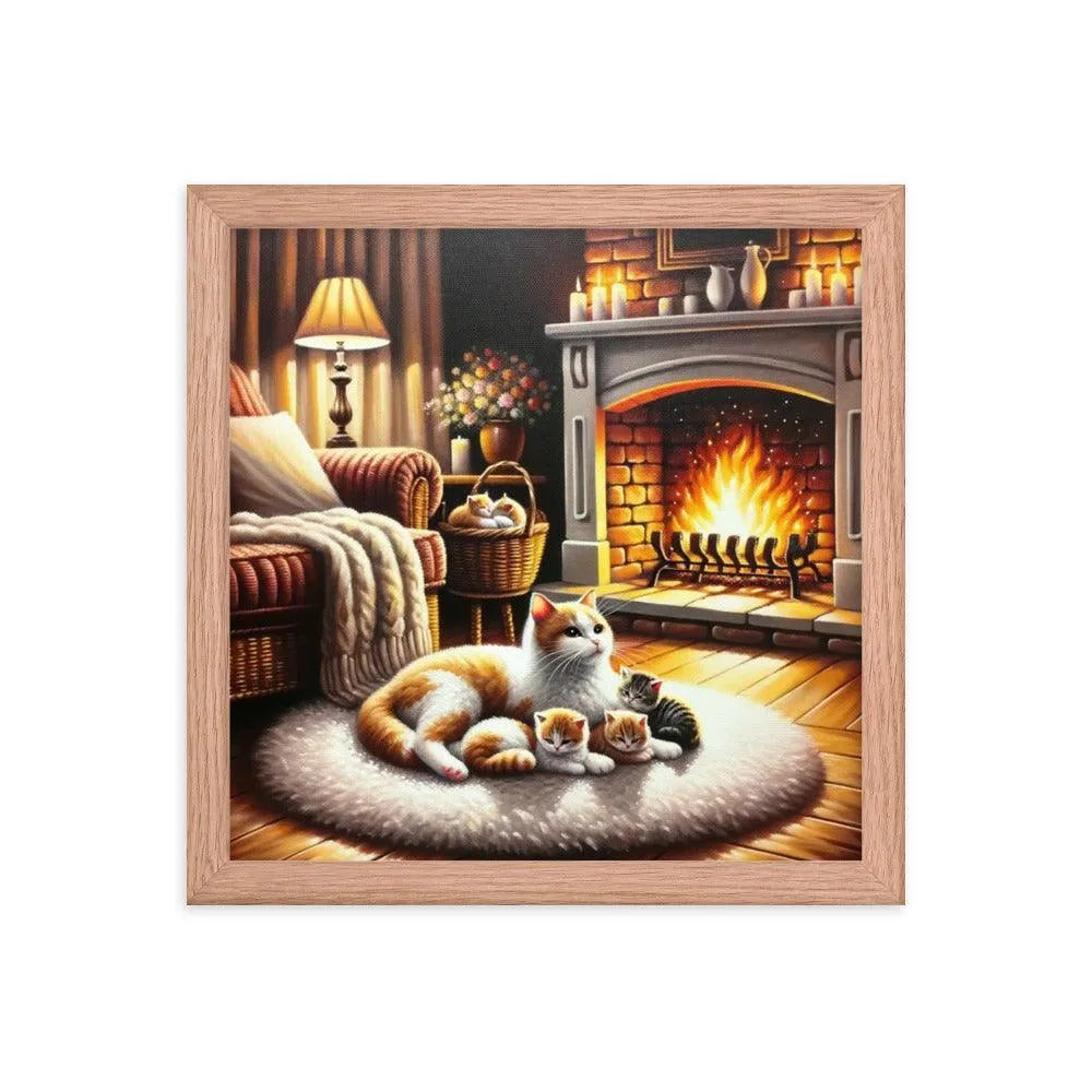 Cozy Fireplace Cat and Kittens Relaxing Art Framed Poster - Oh Posters