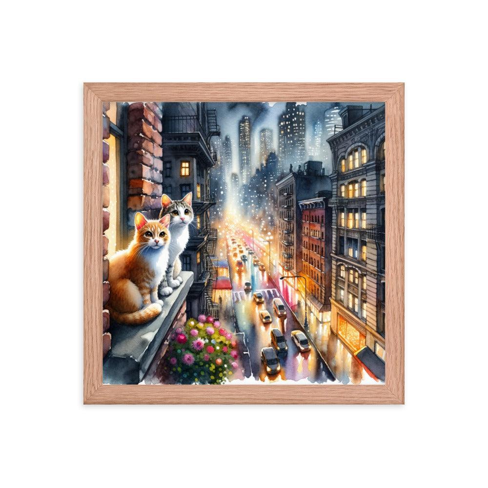 Cats on Windowsill Observing City Lights - Urban & Expressive Framed Poster - Oh Posters